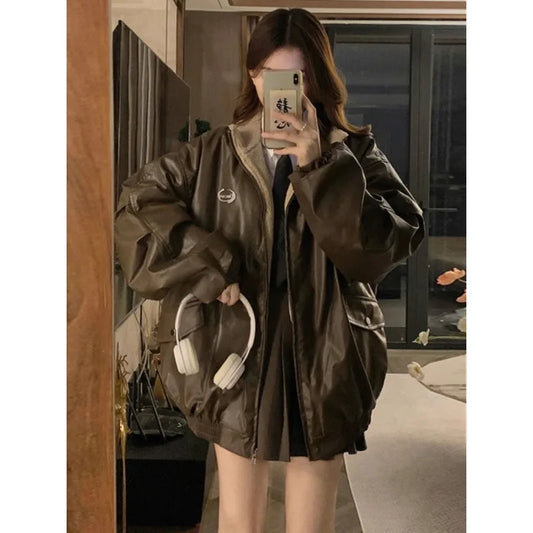 Maillard style PU leather jacket with lamb wool coat on both sides women's Y2K winter new velvet Locomotive padded cotton jacket