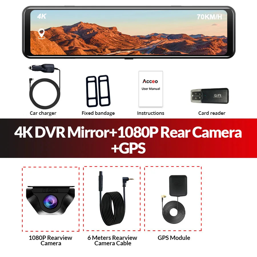 Dashcam 4K WiFi GPS 12" Tactile IPS — Rétroviseur Caméra Recul Enregistreur