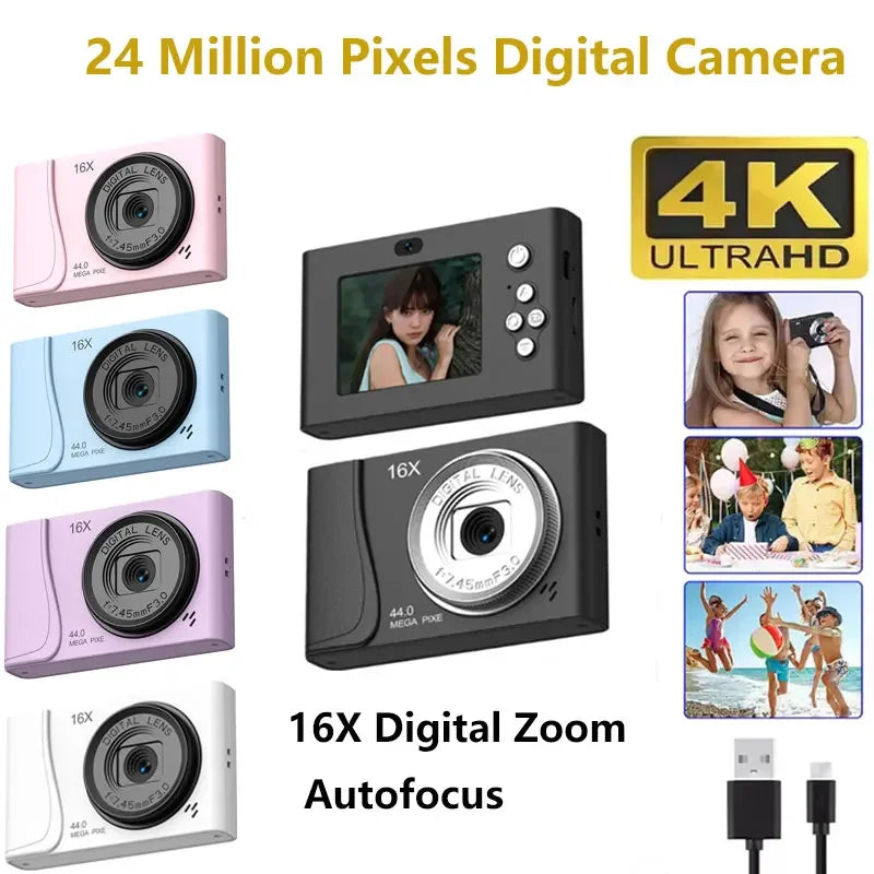 Retro CCD Camcorder 24 Million Pixels, 4K Digital Camera, 16x Zoom, Compact Cameras, Auto Focus for Adults Beginners, Children's Photography