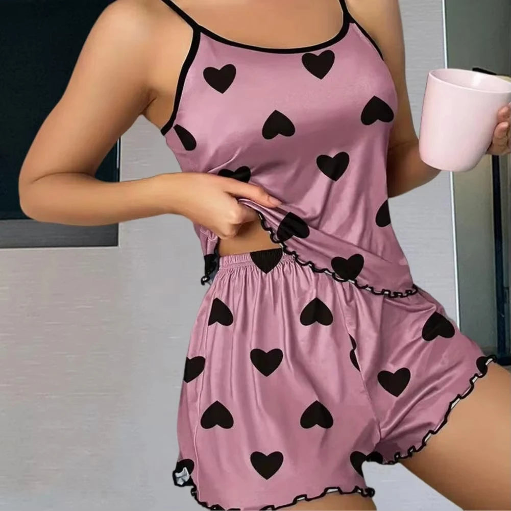 Conjunto de pijama para mujer, camisetas y pantalones cortos, camiseta rosa con estampado de corazón, cuello redondo, top de seda helada, cómodo e informal, verano