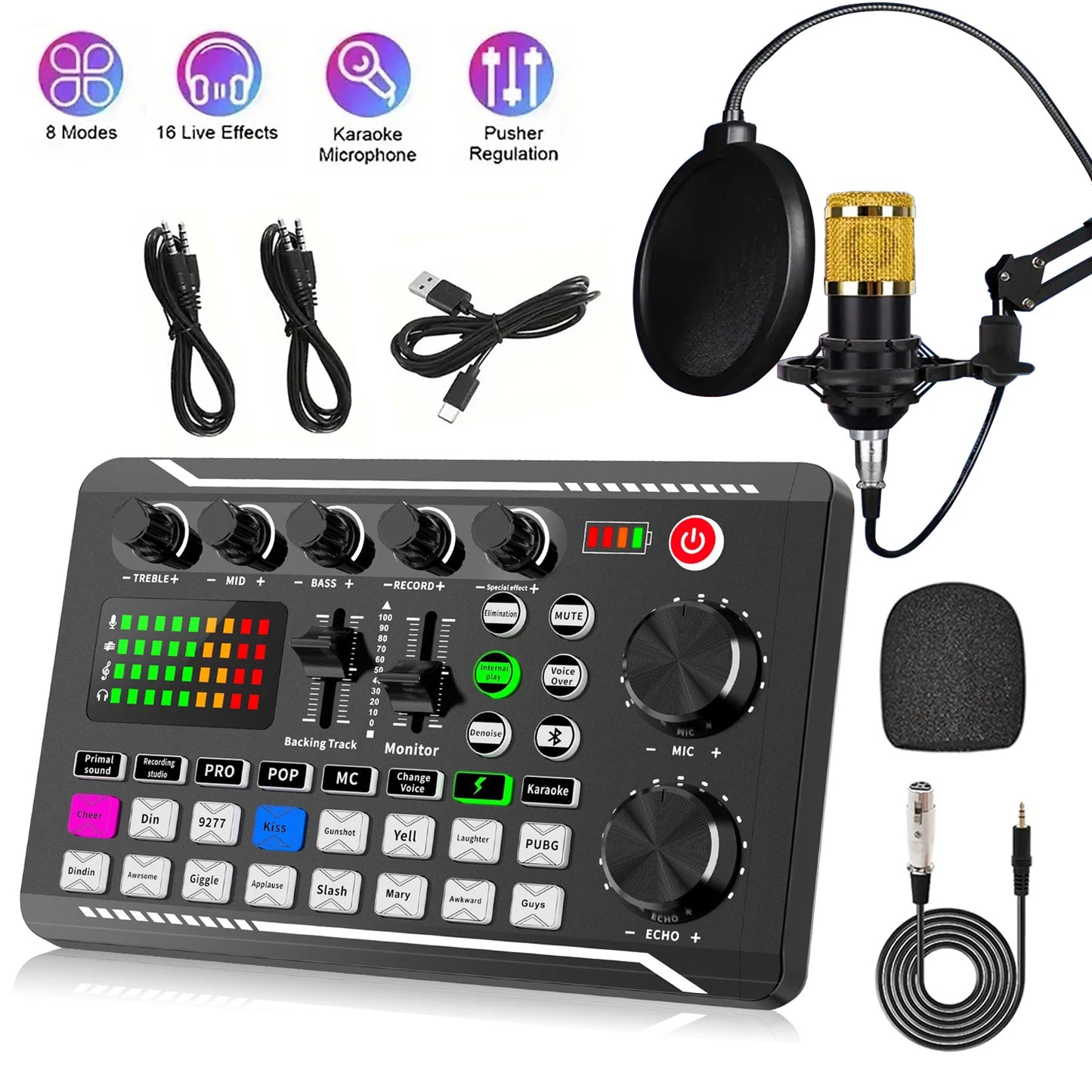 F998 — Kit Studio Podcast Complet Carte Son, Microphone & Mélangeur