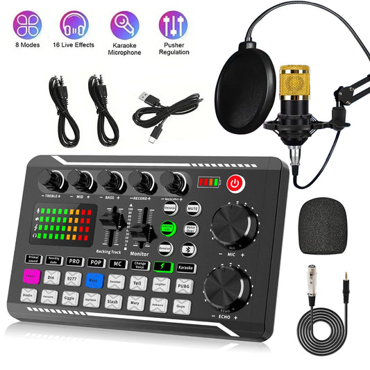 F998 — Kit Studio Podcast Complet Carte Son, Microphone & Mélangeur