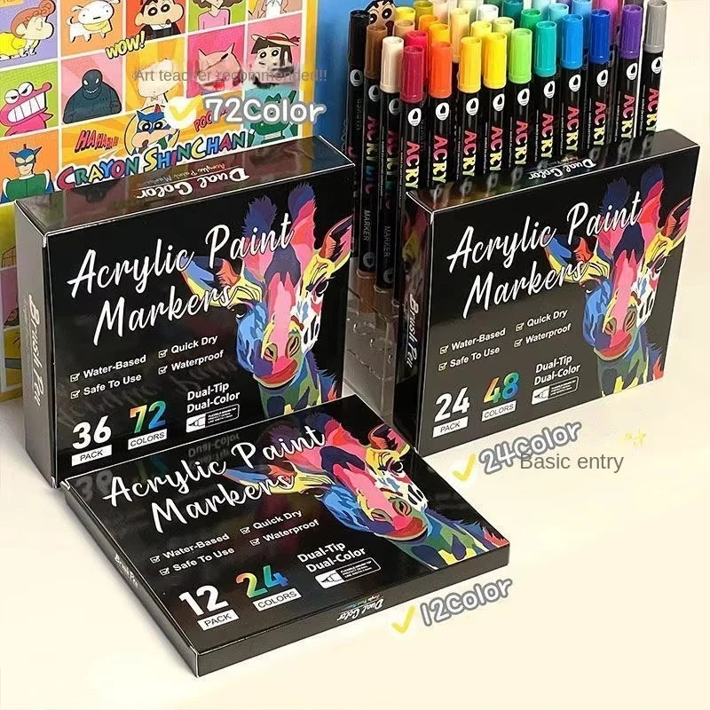 Rotuladores de pintura acrílica profesionales de 48 colores, punta doble fina y pincel, adecuados para piedra, madera, caligrafía
