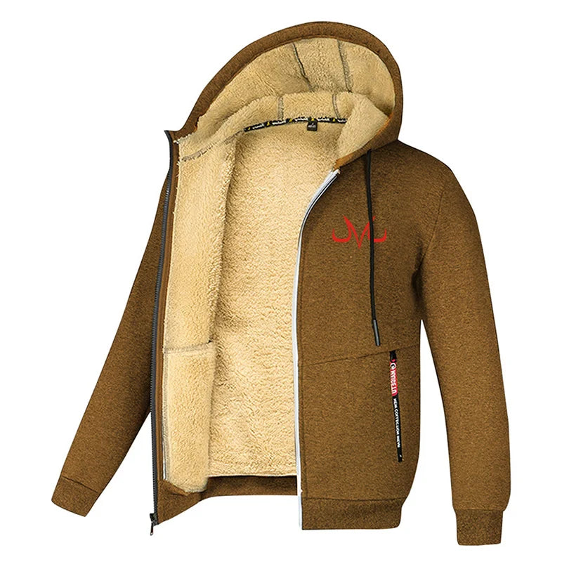 Men's Printed Sherpa Fleece Lined Jackets, Plush Winter Warm Coats with Zipper Pockets, Full-Zip Hooded Sweatshirt, Outdoor Outfits