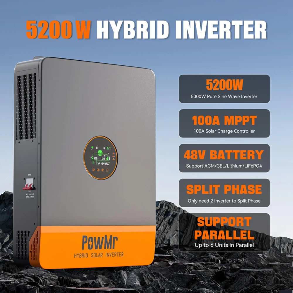 Onduleur solaire hybride 5,2 kW 48V — MPPT 100A, PV 500Vdc, sortie 110/220Vac, onde sinusoïdale pure