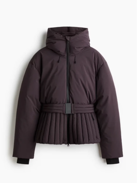 Women's Chic Hooded Cotton Coat with Belt, Casual Long Sleeve Stand Collar Zipper Short Ski Outerwear, Winter Sports Puffer Jacket, 2026
