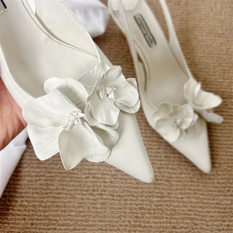 Zapatos de tacón alto para mujer, puntera en pico, destalonados, de oficina, con tacón bajo, rosa, blanco, diseño floral, sexy