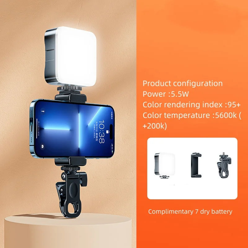 Lumière de remplissage portable avec pince, trépied et perche – Éclairage réglable pour selfie et vidéo