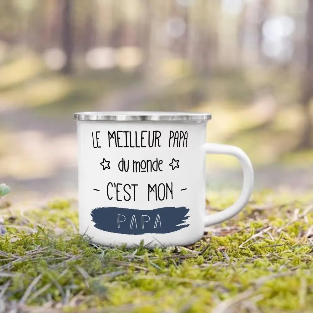 Meilleur papa et maman du monde tasse imprimée française boisson en plein air lait tasse à café Camping tasses en émail cadeau d'anniversaire festif pour papa maman