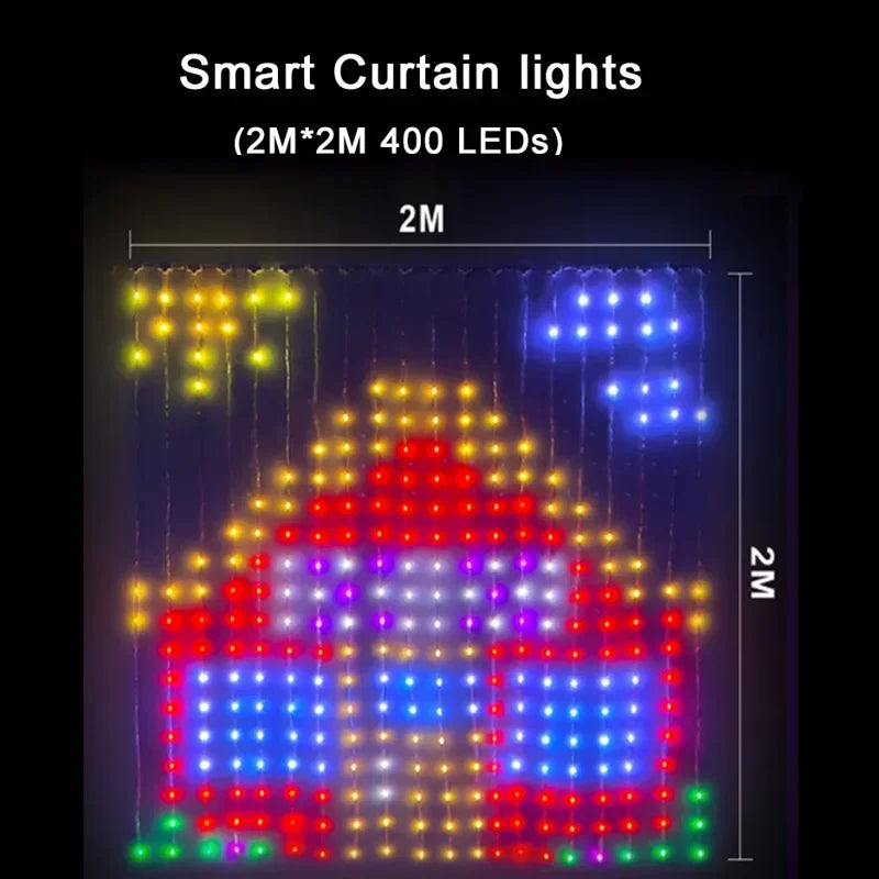 Cortina de luces LED inteligente, guirnalda de Año Nuevo, guirnalda de luces de hadas RGB, pantalla de cambio de música, para ventana, decoración navideña