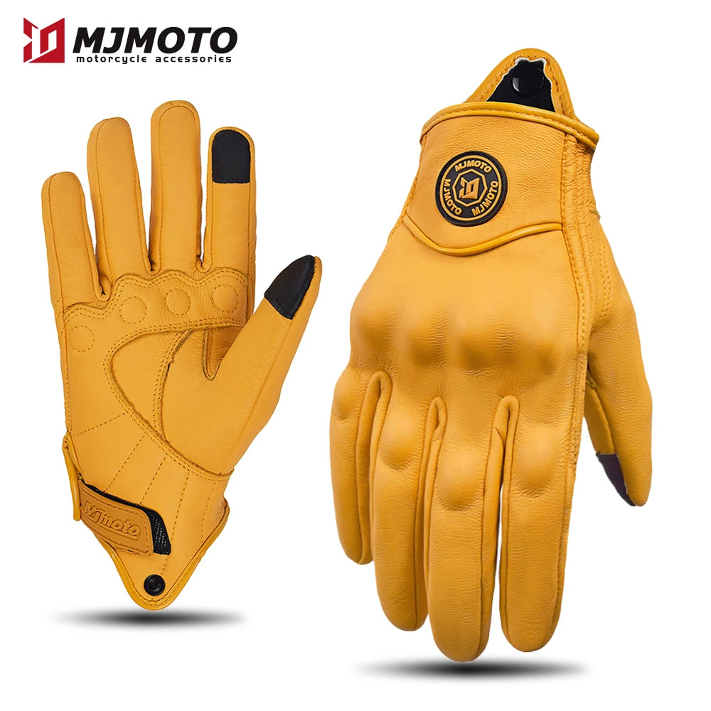 Gants de Moto Rétro en Cuir Jaune pour Homme et Femme, Accessoire Perforé et Respirant pour Course de Vélo, Écran Tactile, Motocross