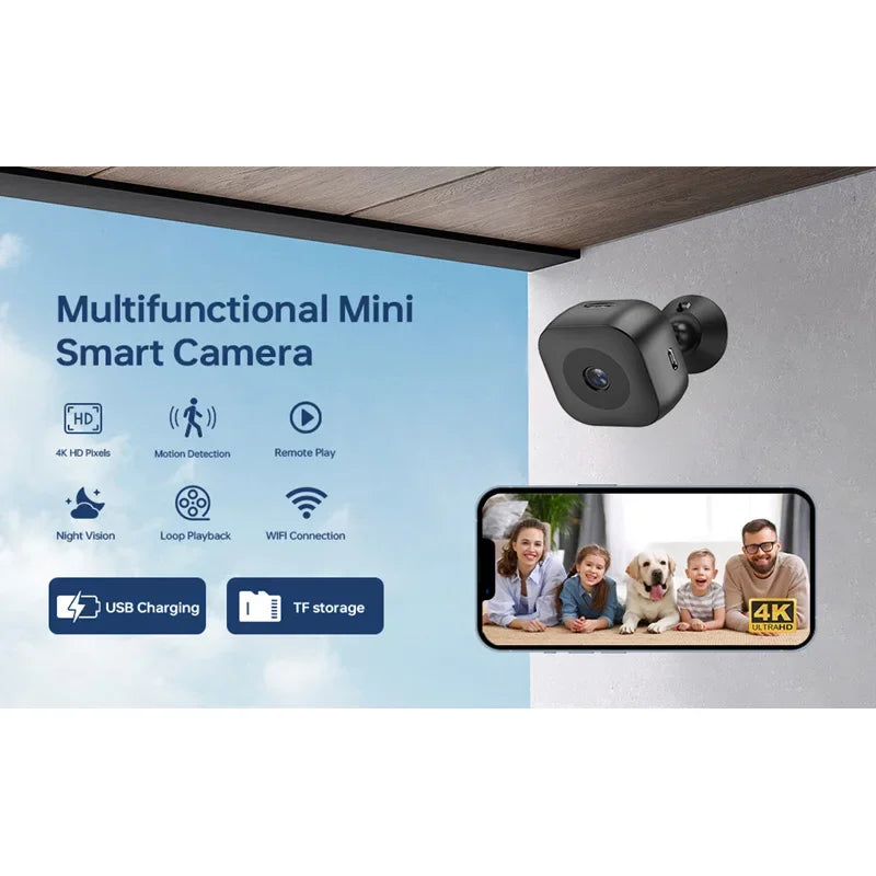 Caméra de sécurité WiFi miniature 8K — vision nocturne couleur, étanche, détection de mouvement, surveillance