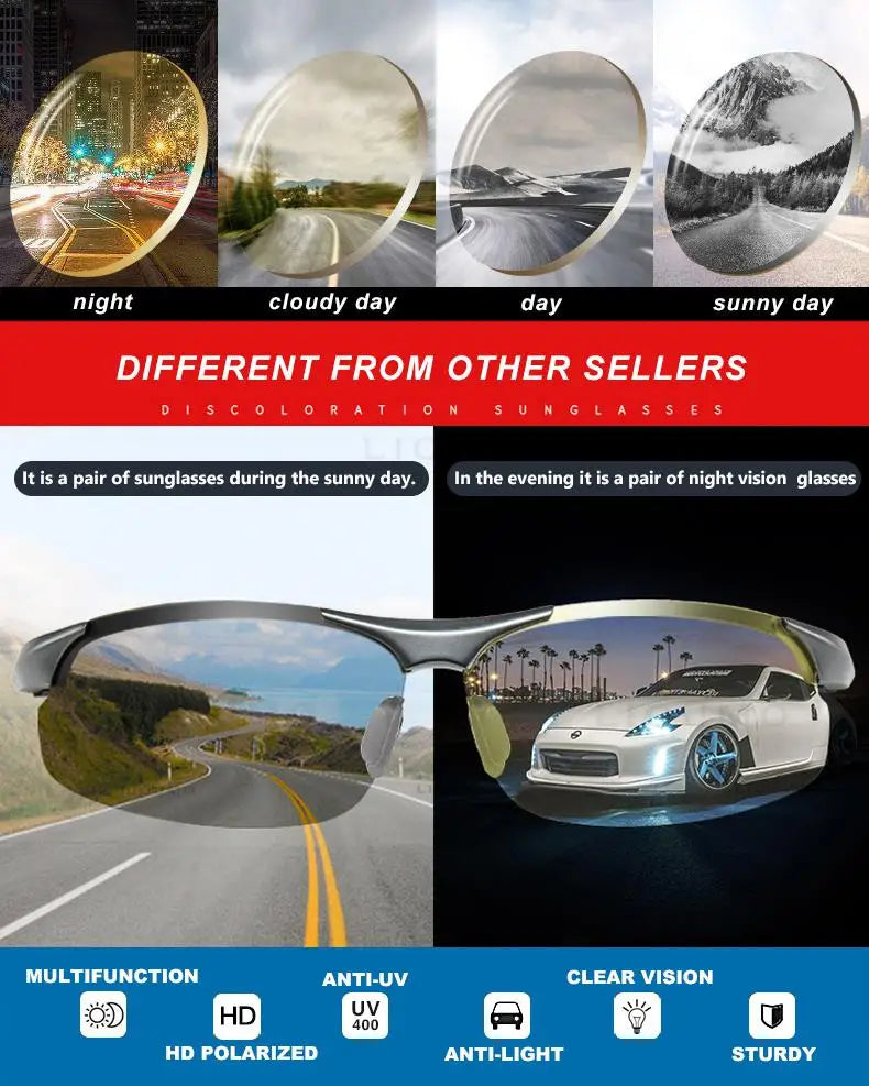 Lunettes de soleil photochromiques sans monture aluminium polarisées — conduite jour et nuit