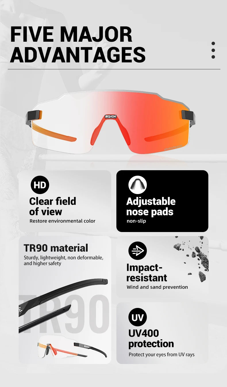 Lunettes de cyclisme photochromiques SCVCN pour hommes et femmes, lunettes de vélo de route et de VTT, lunettes de randonnée décontractées, coupe-vent