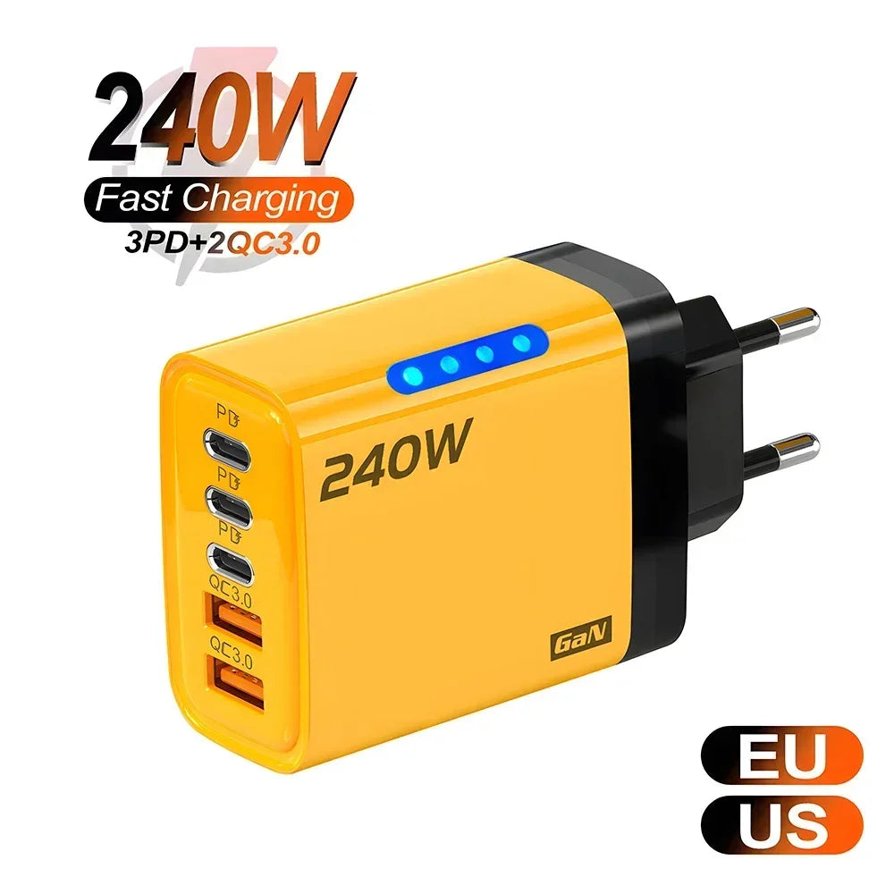 240W 5-in-1 GaN Phone Charger, 10A Fast Charging Adapter, USB to Type-C Cable, 3 PD Ports, 2 USB Ports, for iPhone 16 15 Pro, Xiaomi