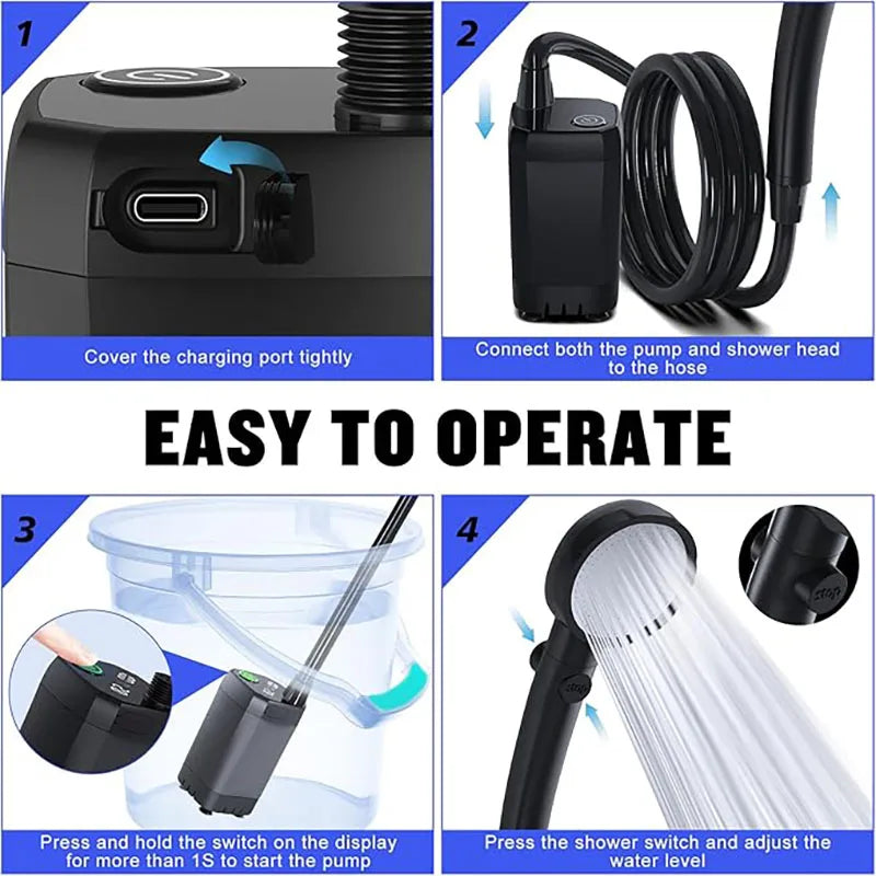 Douche Portable pour Camping, douche de Camping Rechargeable 6000mAh avec pomme de douche, pompe de douche électrique intelligente à affichage LED