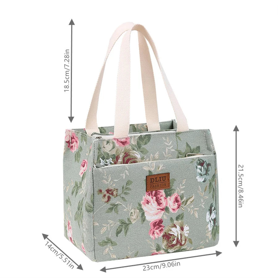 Bolsa de almuerzo estética con estampado floral, bolsa bento aislada de gran capacidad, bolsa térmica para la escuela, el trabajo, los viajes y pícnic