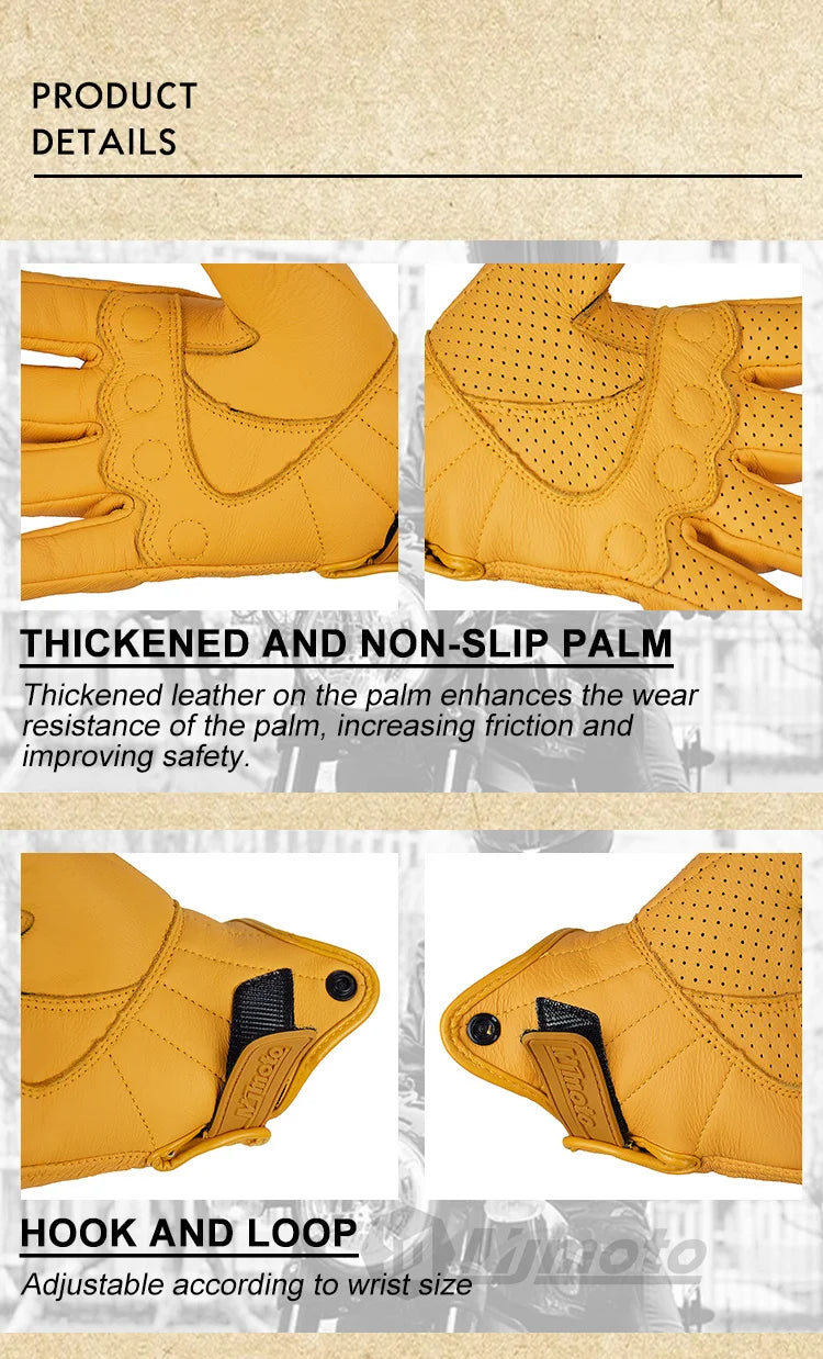 Gants de Moto Rétro en Cuir Jaune pour Homme et Femme, Accessoire Perforé et Respirant pour Course de Vélo, Écran Tactile, Motocross