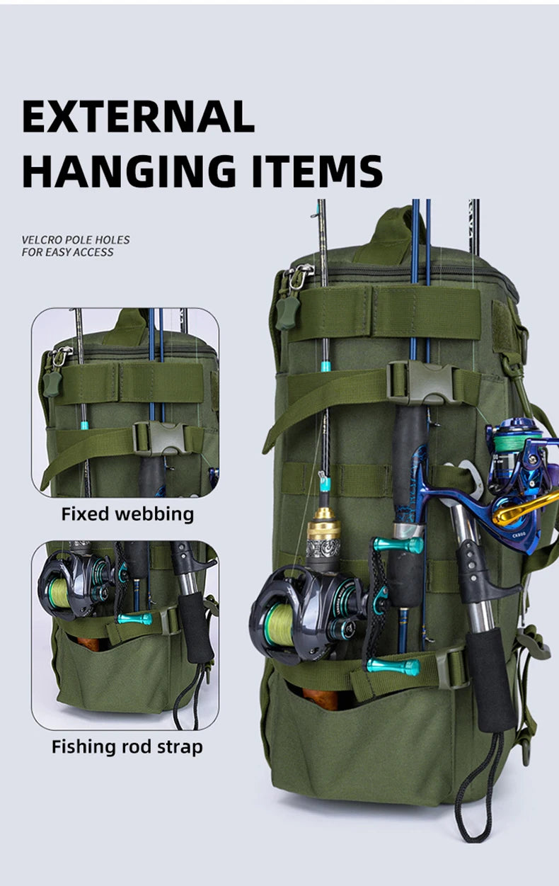 Sac à dos de pêche tactique, sac de matériel avec porte-canne, rangement d'équipement de poisson Molle Camping randonnée sac multifonctionnel en plein air