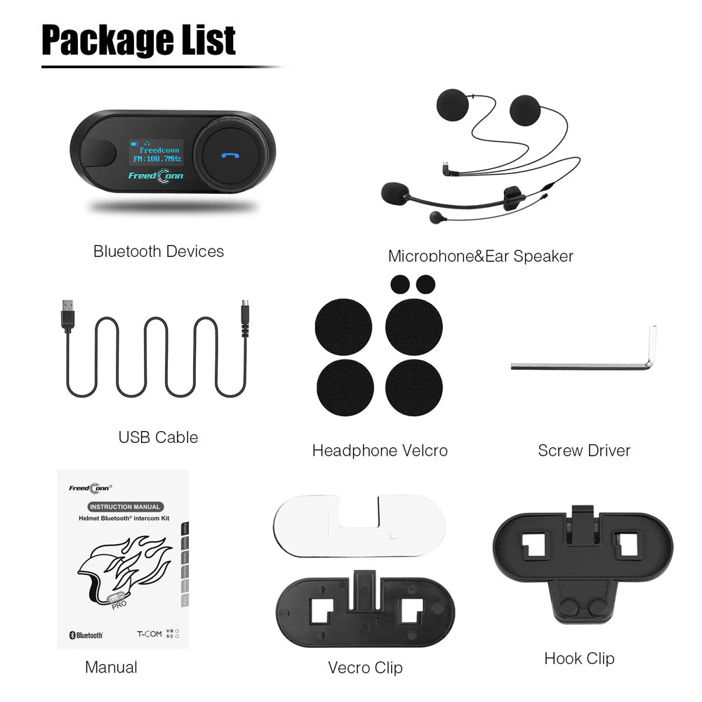 FreedConn Bluetooth Motorcycle Intercom Headset Wireless Motorbike Interphone LCD Screen FM Earphone