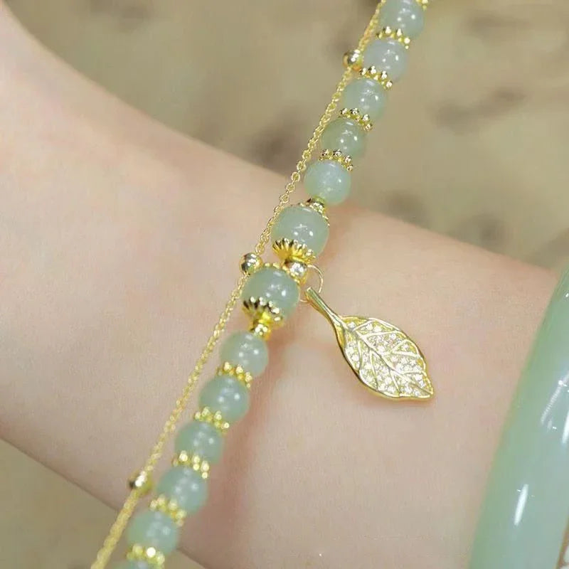 Chinese Style Green Jade Bracelet for Women, Exquisite Gold Color, Leaves, Double Chain Bracelet, Gifts for Girls
