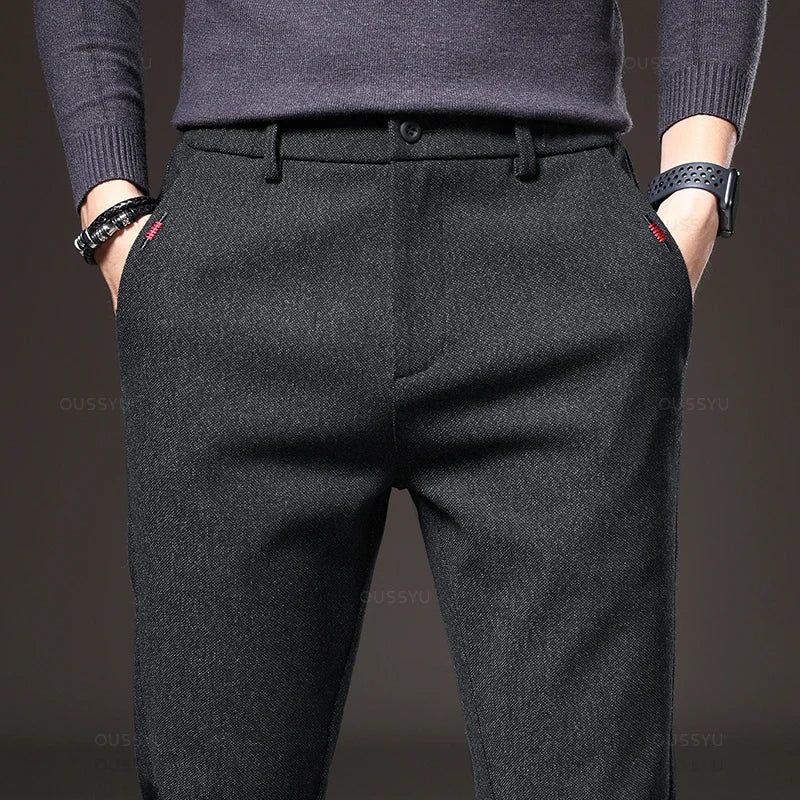 Pantalon décontracté pour homme, coupe slim, taille élastique, extensible, en coton épais, gris et noir, style business, nouvelle collection printemps