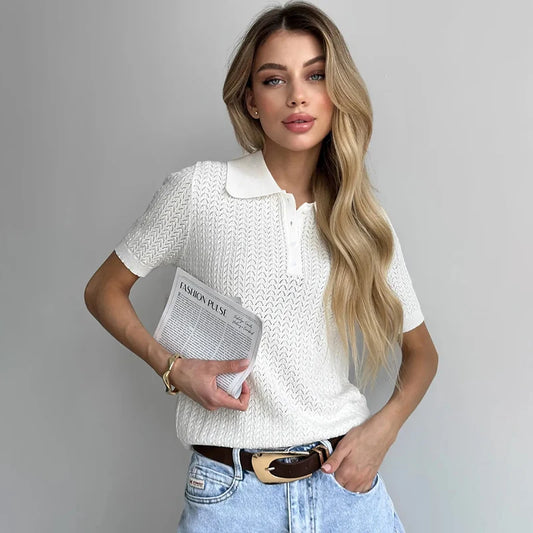 T-shirt femme en maille ajourée 2026 — manches courtes, décontracté, col à revers, tendance, uni