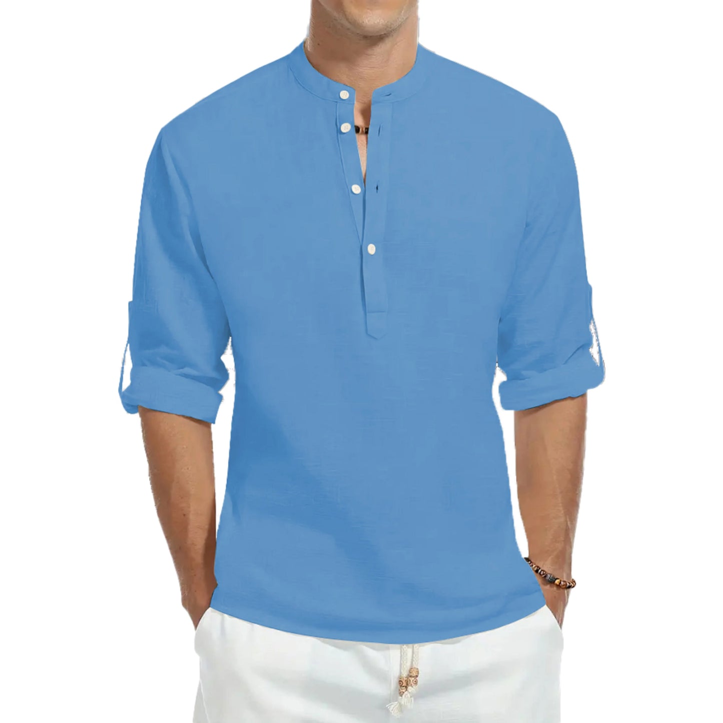Casual Shirts, Men's Cotton Loose Shirts, Fashion Stand-up Collar Solid Color Long-sleeved T-Shirts, Handsome Slim Fit Tops