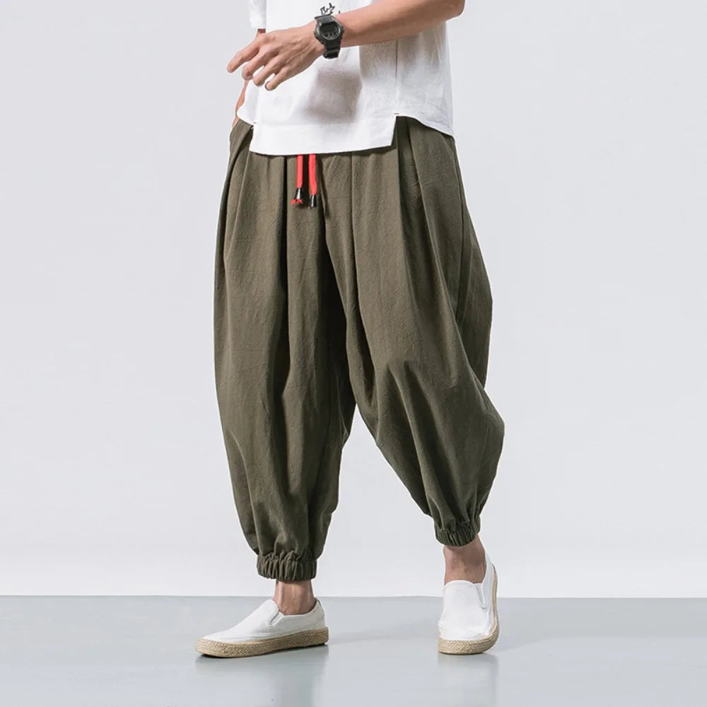 Men's Cotton Linen Harem Pants, Casual Joggers, Chinese Style, High Quality, New