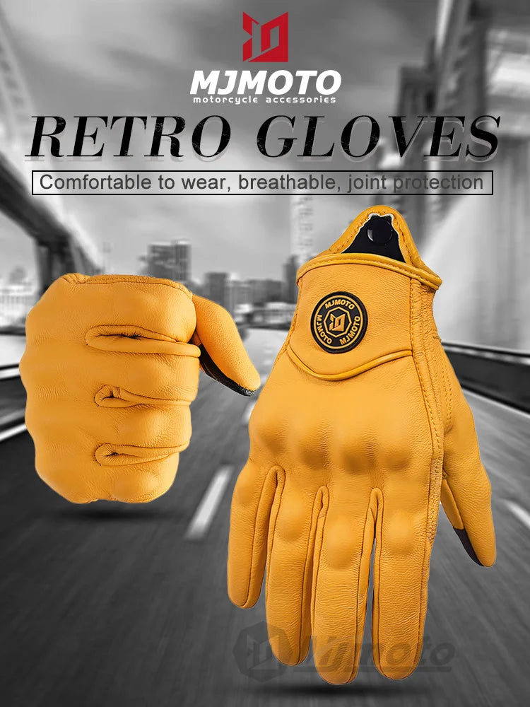 Gants de Moto Rétro en Cuir Jaune pour Homme et Femme, Accessoire Perforé et Respirant pour Course de Vélo, Écran Tactile, Motocross
