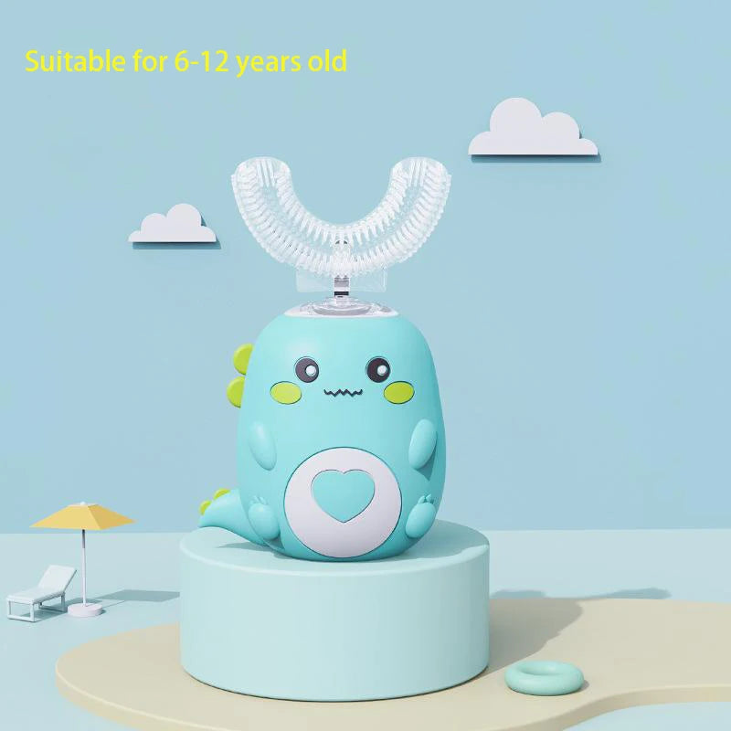 Cepillo de dientes eléctrico infantil en forma de U, rotación de 360 grados, dibujos animados inteligentes, cepillo de dientes de silicona, automático, recargable, sónico