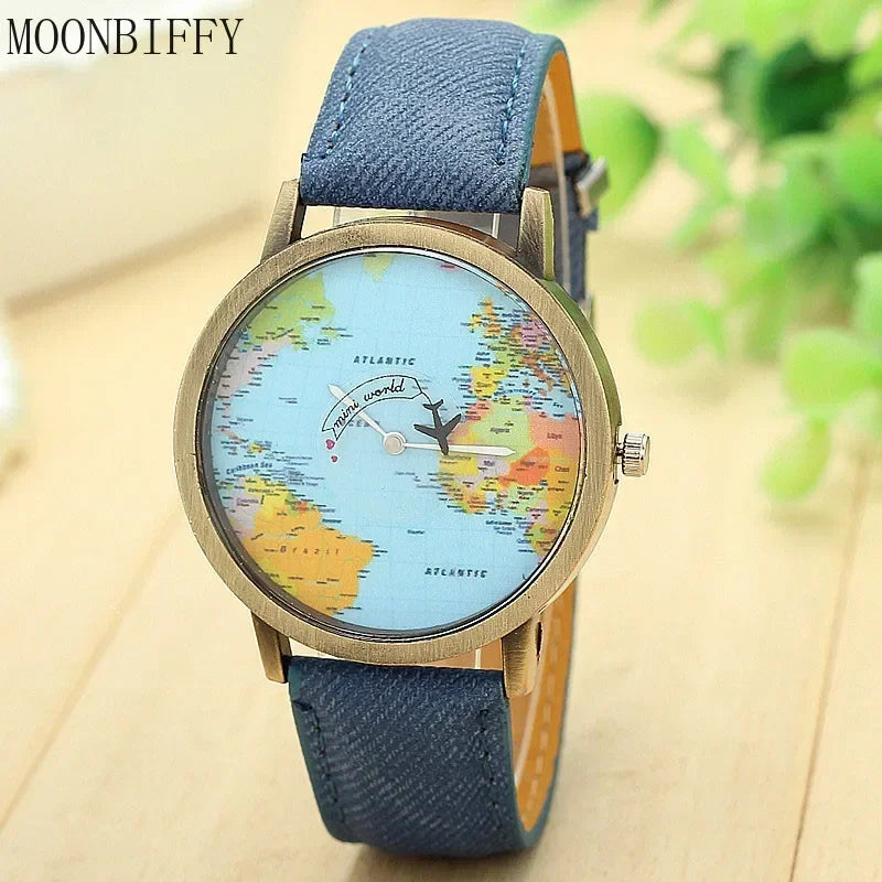 2022 World Fashion World Map Plane Denim Fabric Band Casual Men Women Quartz Watch Gift Clocks Relógio