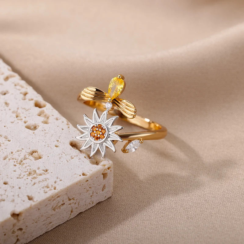 Anillo antiestrés para mujer de acero inoxidable con colgante de sol, spinner para la ansiedad, joyería de moda, regalo de cumpleaños, envío gratis