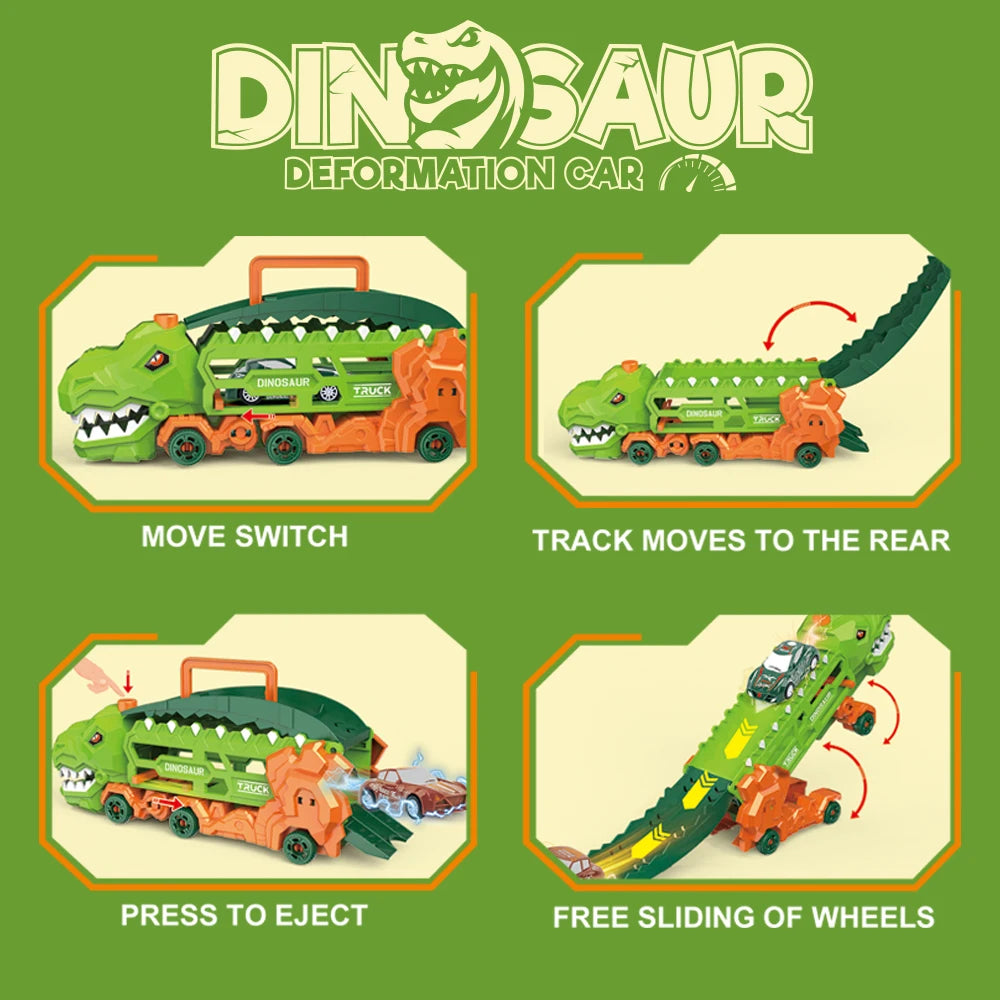 Camión dinosaurio de transporte con pista de carreras deslizante y plegable, se transforma en T-Rex y triciclo de pie, el mejor regalo de cumpleaños para niños