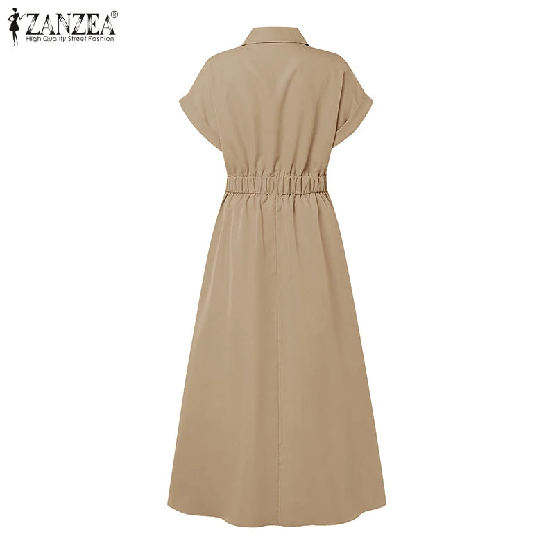 Femmes été OL Robe de travail ZANZEA élégant à manches courtes bureau Robe d'été décontracté solide une ligne boutons vacances robes caftan Robe