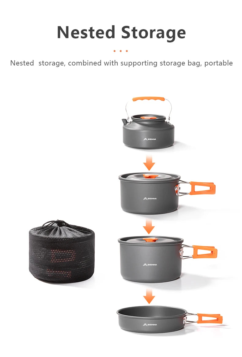 BISINNA – ustensiles de cuisine de Camping en alliage d'aluminium, bouilloire à eau, casserole, ensemble de cuisine pour voyage, randonnée, pique-nique, barbecue