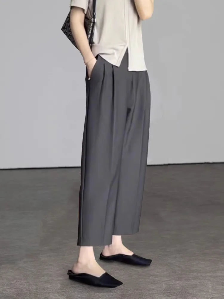 Botvotee Elegant Black Grey Ankle Length Suit Pants for Women High Waist Harem Fashion Trousers with Pockets