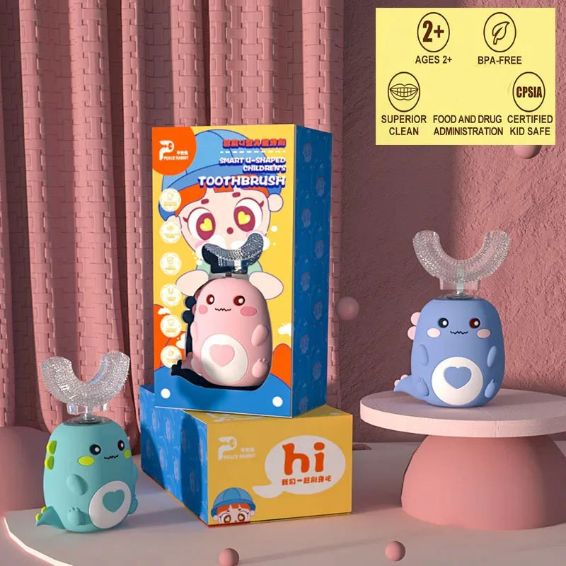 Cepillo de dientes eléctrico infantil en forma de U, rotación de 360 grados, dibujos animados inteligentes, cepillo de dientes de silicona, automático, recargable, sónico