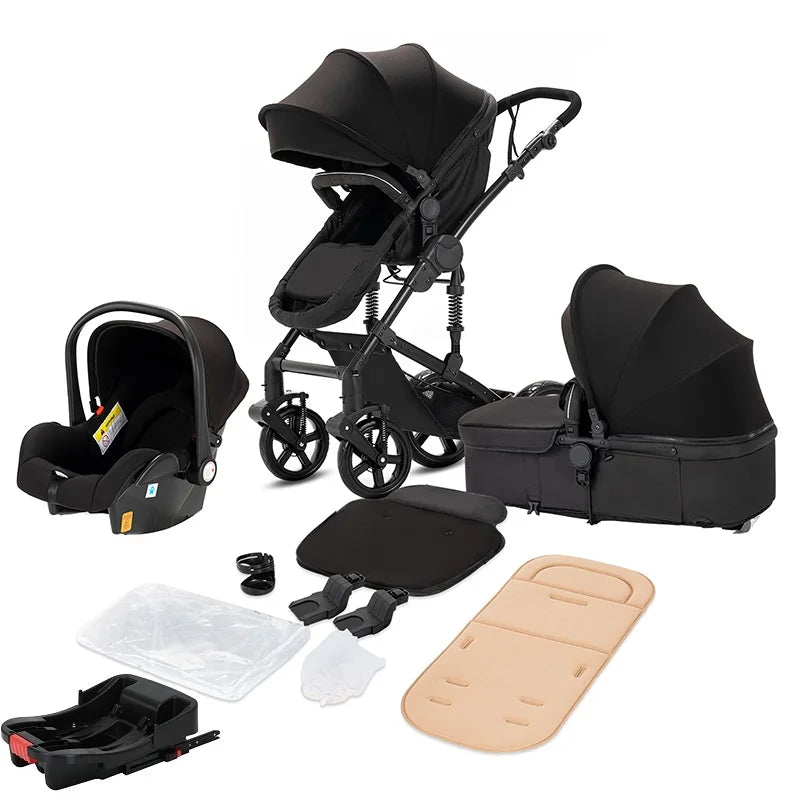 Lightweight baby stroller with aviation-grade frame, 360° swivel wheels, adjustable backrest, removable cushion, and storage basket