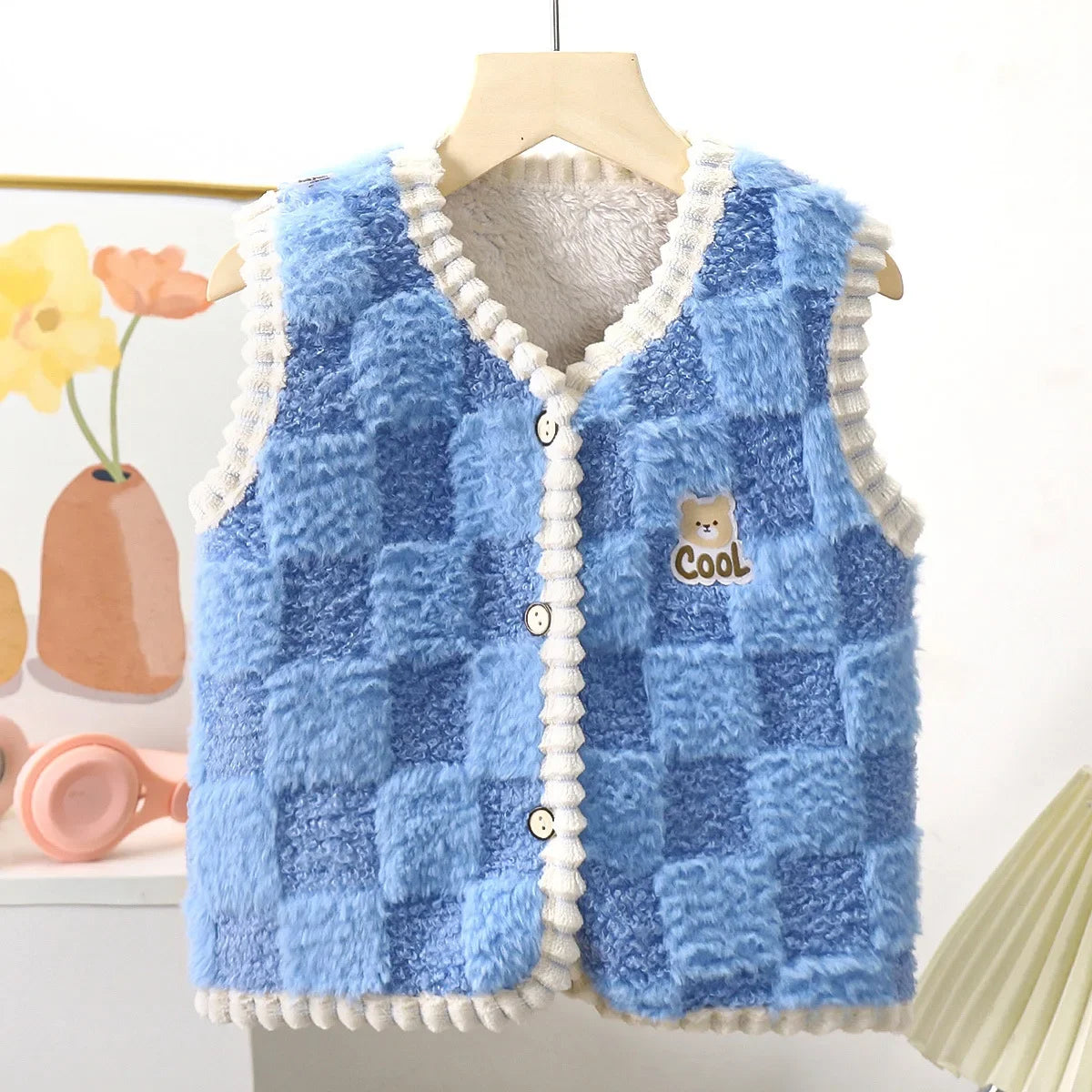 Chaqueta polar para niños, chaleco cálido de doble capa con estampado a cuadros, para niños y niñas, ropa de abrigo sin mangas para otoño e invierno