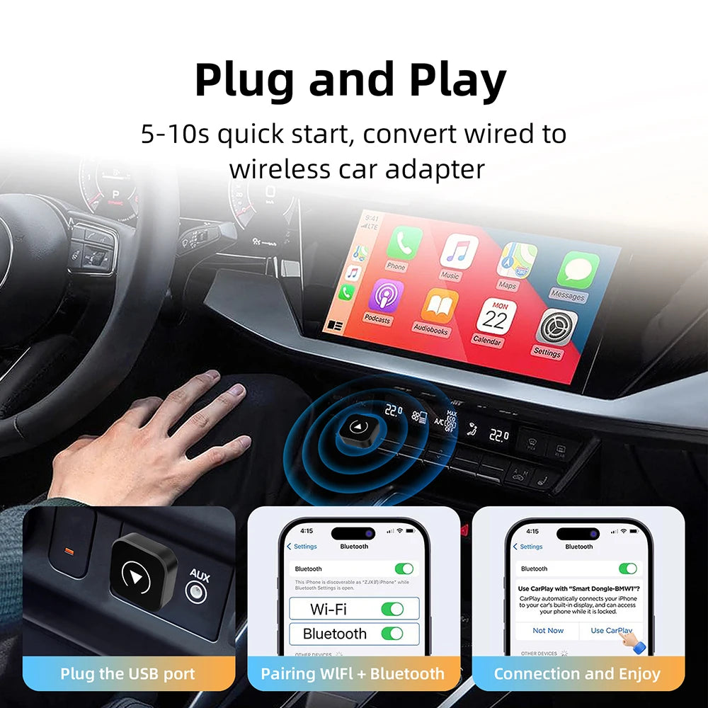 Dongle sans fil 2 en 1 — adaptateur auto, boîte intelligente AI, systèmes de voiture filaire