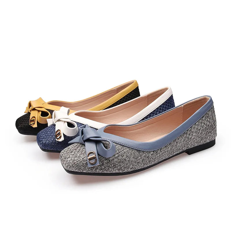 Zapatos de mujer 2025 nueva pajarita tejida punta cuadrada bailarinas de mujer Suela blanda zapatos de mujer de moda de talla grande Zapatos de mujer