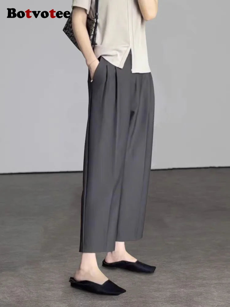 Botvotee Elegant Black Grey Ankle Length Suit Pants for Women High Waist Harem Fashion Trousers with Pockets
