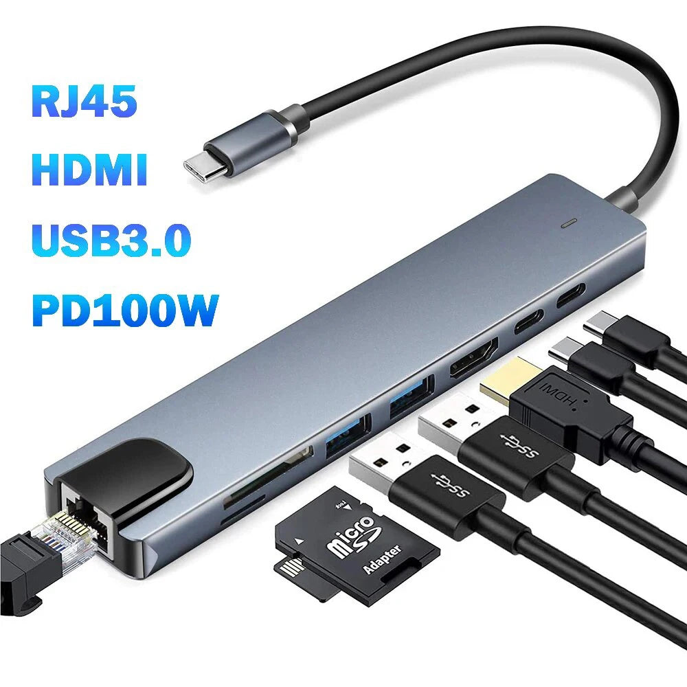 Concentrador USB 3.0 tipo C Estación de acoplamiento USB C a HDMI 4K 30HZ tipo C a RJ45 100Mbps Adaptador Ethernet Extensor VGA Auriculares PD 100W