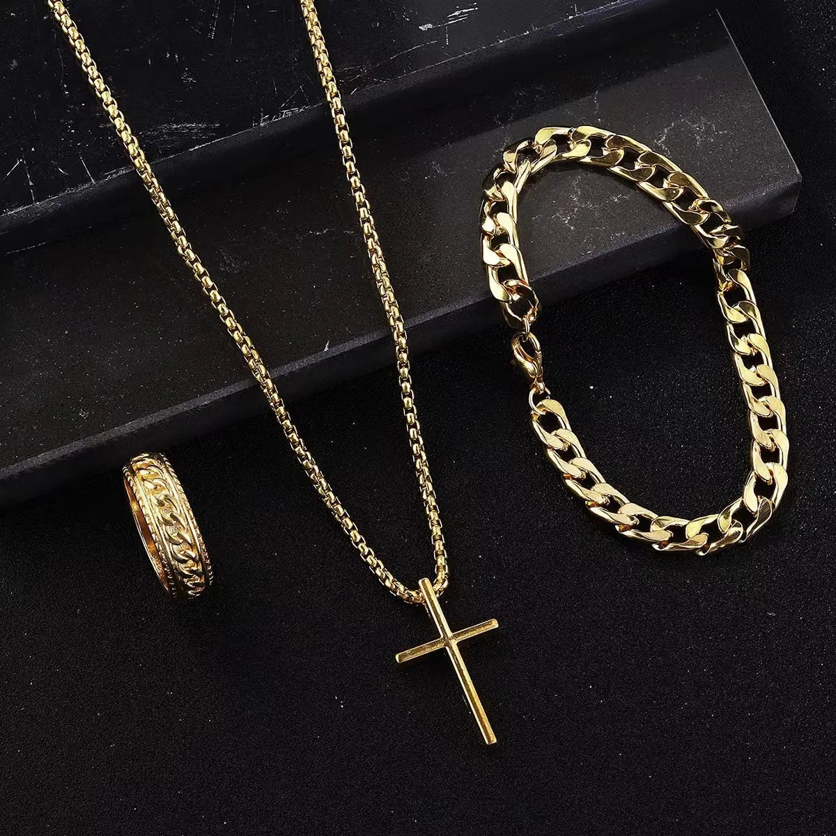 Best Seller New 3-Piece Cross Jewelry Set | Chain Bracelet Ring Necklace | Fashion Religious Accessories for Women and Men, Daily and Gift