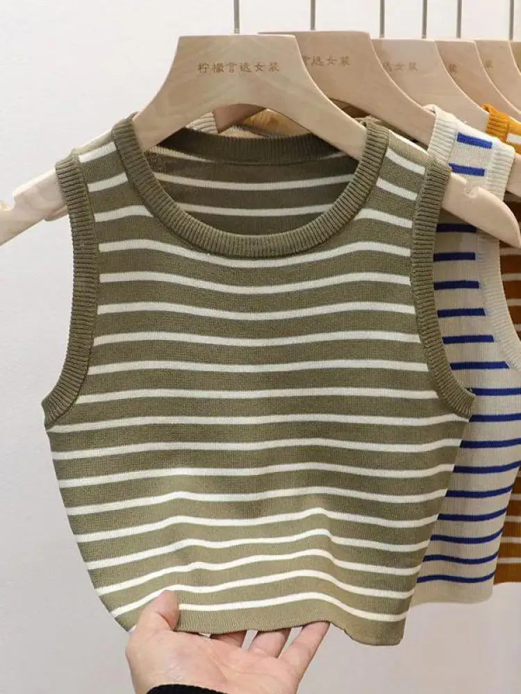 Débardeurs rayés tricotés sans manches pour femme, collection Printemps-Été 2026, style crop top, coupe ajustée élastique, décontracté, pull-over, camisole