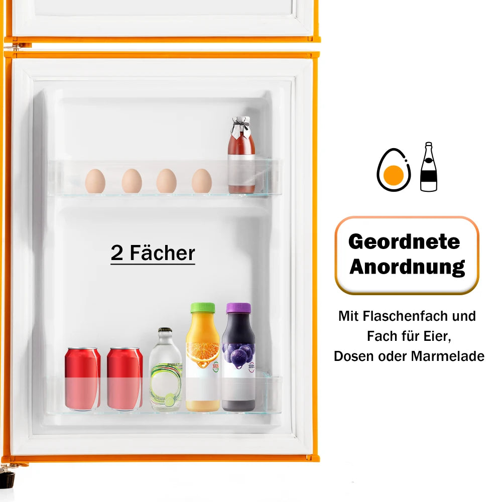 Combinaison réfrigérateur-congélateur rétro 45,5 cm de large, 2 portes 60 litres de volume total, volume de congélateur 22 litres. 102 KWh/année,
