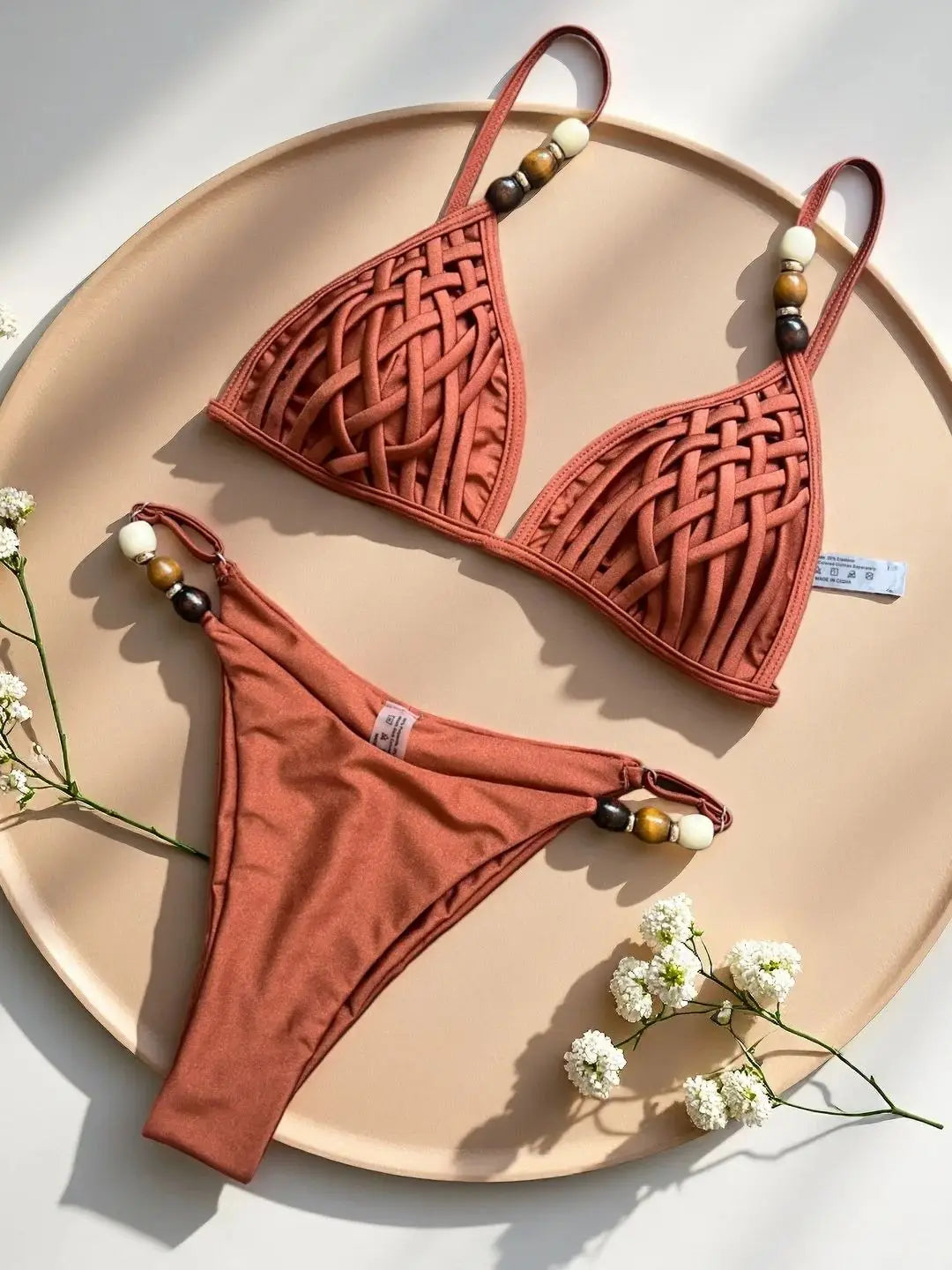 Sexy marron Bikini ensemble 2026 femmes perles sangle trou sur Push Up soutien-gorge string maillot de bain brésilien plage maillot de bain Micro maillots de bain