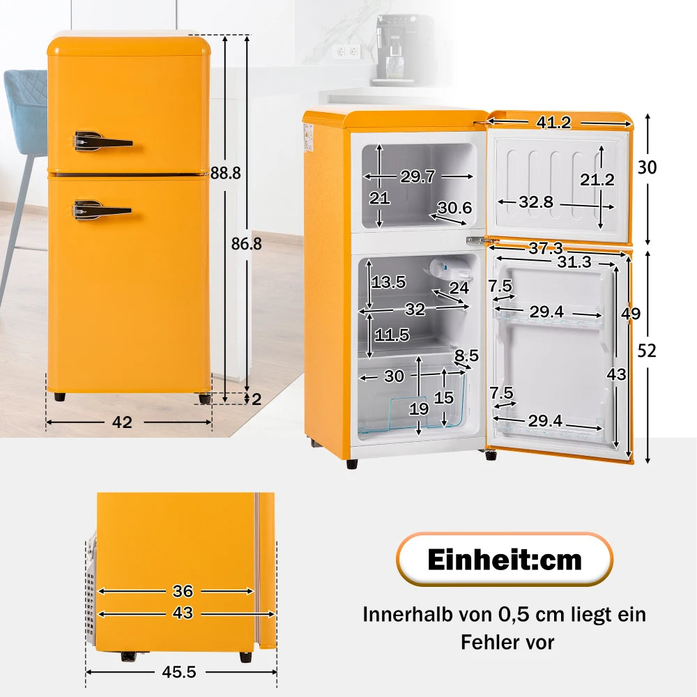 Combinaison réfrigérateur-congélateur rétro 45,5 cm de large, 2 portes 60 litres de volume total, volume de congélateur 22 litres. 102 KWh/année,