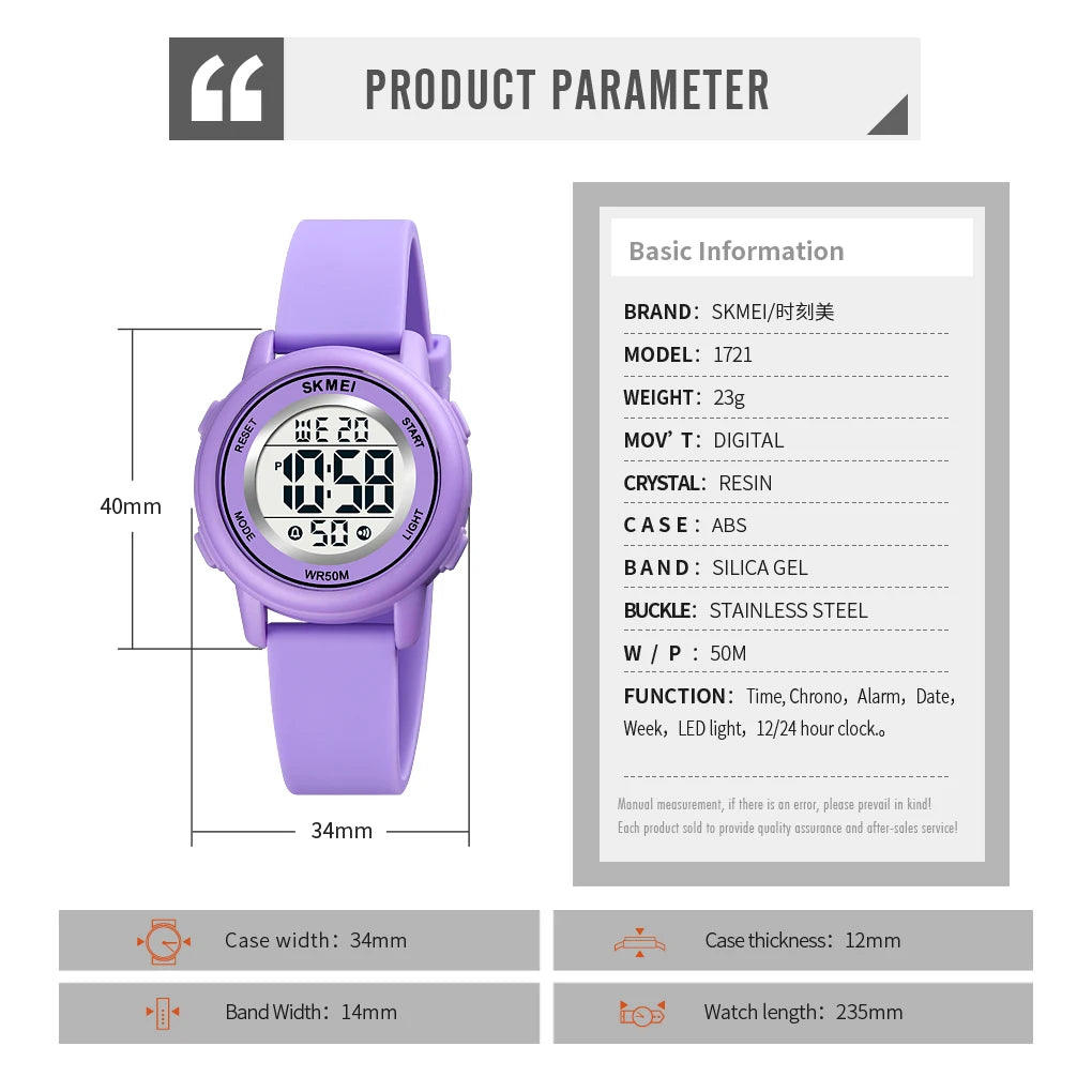 SKMEI 1721 Waterproof Children's Electronic Watch Boy Girl Colorful Sports Kids Digital Shockproof Children's Watch